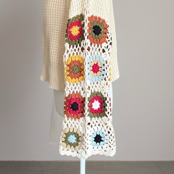 Boho Crochet Granny Square Sleeve Cardigan Cream Open Knit Sweater Size Small - Picture 7 of 16